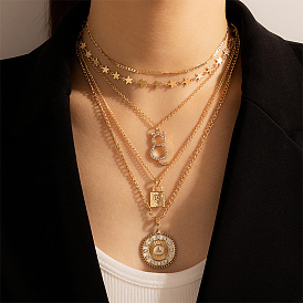Sparkling Five-pointed Star Multi-layer Necklace with Cute Cat Letter Lock and Collarbone Chain