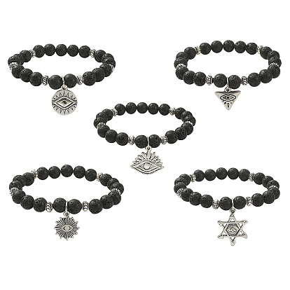 Pulsera elástica con cuentas de roca de lava natural y dijes de aleación