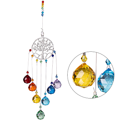 Tree of Life with Glass Teardrop Suncatchers Ornaments, Pendant Decorations