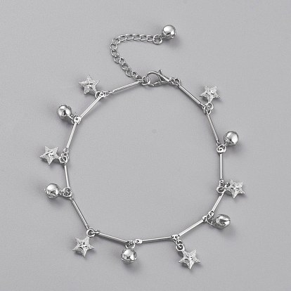 Brass Textured Star Charm Anklets, with Bar Link Chains and Bell Charms