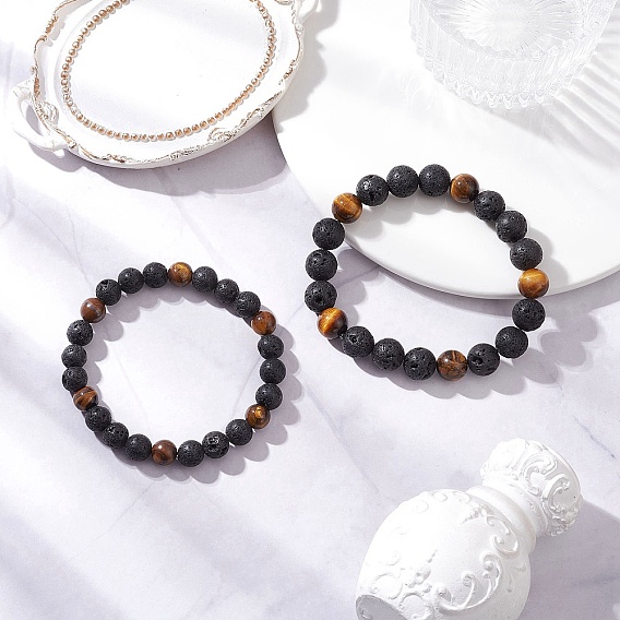 2 шт. 2 стили наборы круглых браслетов из натуральной лавы и тигрового глаза с эластичными бусинами для женщин и мужчин