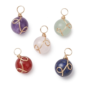 Natural Carnelian/Rose Quartz/Lapis Lazuli/Aventurine/Amethyst Round Pendants, Eco-Friendly Round Copper Wire Wrapped Ball Charms, Golden, Mixed Dyed and Undyed