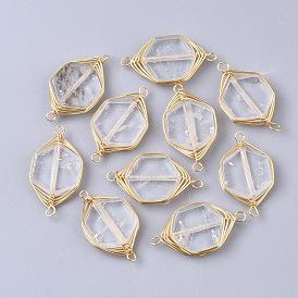 Liens / connecteurs en cristal de quartz naturel, liens enroulés, avec fils en laiton doré, hexagone