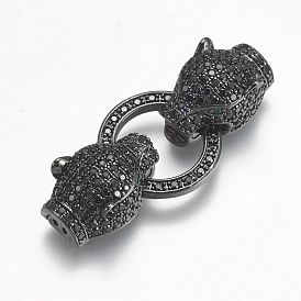 Brass Micro Pave Cubic Zirconia Fold Over Clasps, Leopard, Black