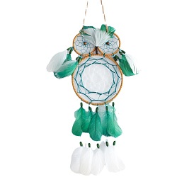 Iron & Cotton Owl Woven Net/Web with Feather Wall Hanging Ornament, with Wooden Beads, for Home Living Room Offices Amulet Ornament