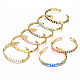Brass Micro Pave Clear Cubic Zirconia Cuff Bangles, with Enamel, Nickel Free, Real 16K Gold Plated