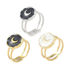 Ion Plating(IP) 304 Stainless Steel Enamel Flat Round with Moon Finger Rings, Open Rings for Women