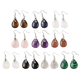 Natutal & Synthetic Gemstone Dangle Earrings, with Rack Plating Brass Earring Hooks, Lead Free & Cadmium Free, Teardrop