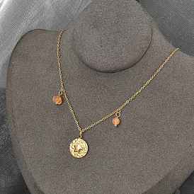 304 Женские колье из нержавеющей стали и стекла с плоским круглым кулоном в форме звезды, ионное покрытие (ip)