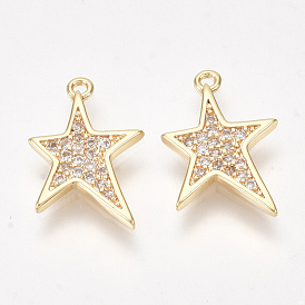 Brass Micro Pave Cubic Zirconia Pendants, Nickel Free, Real 18K Gold Plated, Star, Clear