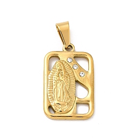 Vacuum Plating 304 Stainless Steel Pendants, with Rhinestone, Rectangle with Virgin Mary