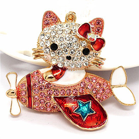 Cartoon Airplane Cat Pendant Cute Diamond Kitten Keychain Creative Small Gift Ornament