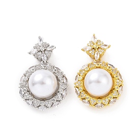 Eco-friendly Rack Plating Brass Micro Pave Cubic Zirconia Pendants, with ABS Platic Imitation Pearls, Cadmium Free & Lead Free, Long-Lasting Plated, Flower Charm