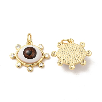 Brass Micro Pave Clear Cubic Zirconia Pendants, with Resin, Real 18K Gold Plated, Evil Eye Charms