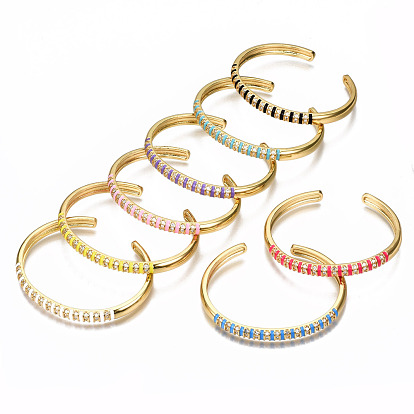 Brass Micro Pave Clear Cubic Zirconia Cuff Bangles, with Enamel, Nickel Free, Real 16K Gold Plated