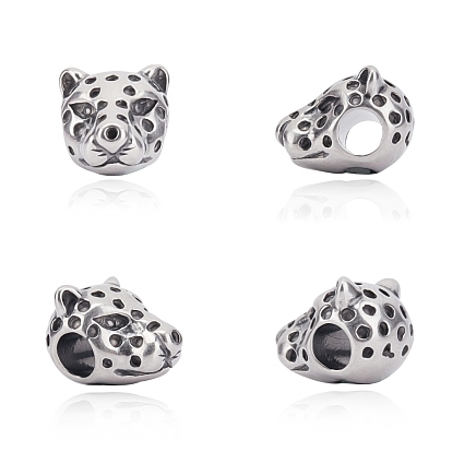 304 Stainless Steel European Beads, Large Hole Beads, Leopard Head