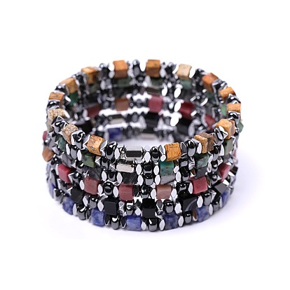 Stretch-Armbänder aus Natursteinwürfelperlen für Damen, mit synthetischem, nichtmagnetischem Hämatit und Edelstahlperlen, Edelstahl Farbe