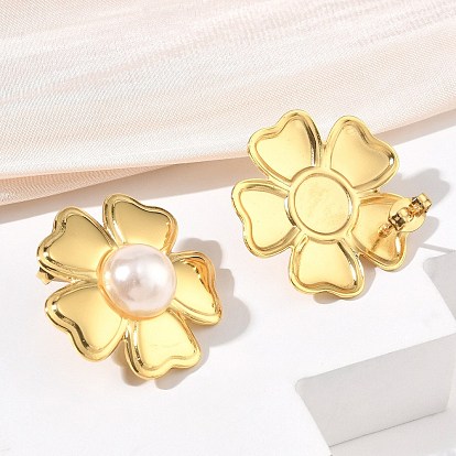 304 boucles d'oreille en acier inoxydable, fleur, avec abs en plastique imitation perle