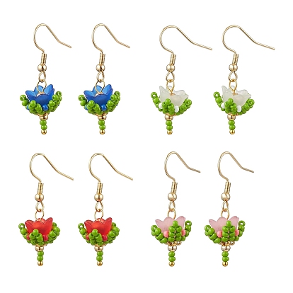 Цветочные подвесные серьги из бисера и акриловых бусин ручной работы, С 304 результатами из нержавеющей стали, золотые