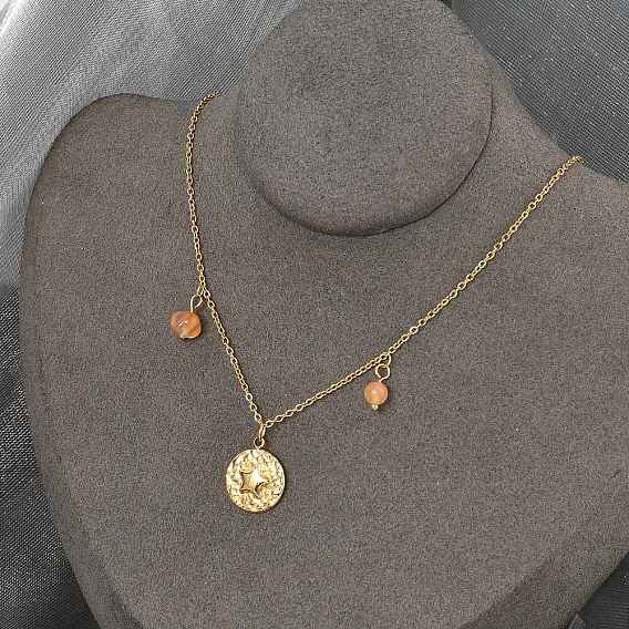 304 Женские колье из нержавеющей стали и стекла с плоским круглым кулоном в форме звезды, ионное покрытие (ip)