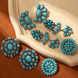 Серьги-гвоздики из сплава и синтетической бирюзы в стиле бохо, античное серебро