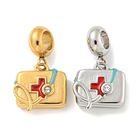 304 Stainless Steel European Dangle Charms, with Rhinestone and Enamel, Rectangle