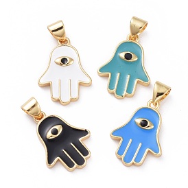 Pendentifs en émail, avec les accessoires en laiton, hamsa main / main de fatima / main de miriam avec oeil, or