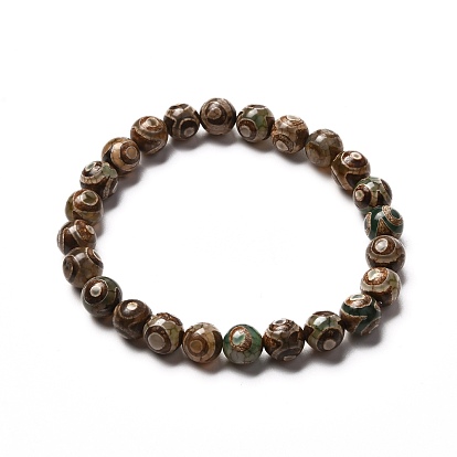 3-Eye dZi Natural Tibetan Agate Beads Stretch Bracelet, Good Luck Gifts for Women Men