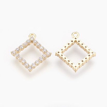 Brass Micro Pave Cubic Zirconia Charms, Rhombus, Nickel Free, Real 18K Gold Plated