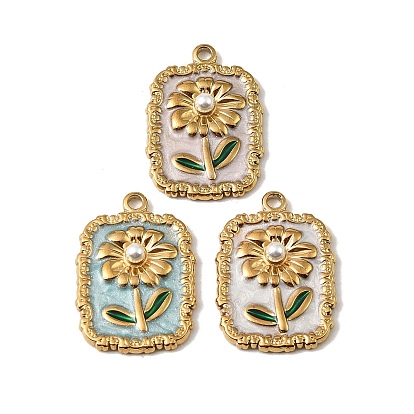 304 нержавеющей стальной эмали подвески, прямоугольник с цветочными подвесками, с abs имитационными жемчужными бусинами , реальный 18 k позолоченный, ионное покрытие (ip)