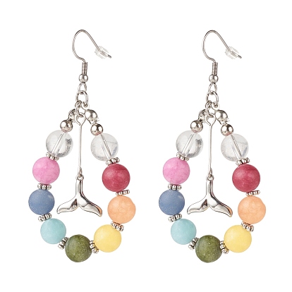 Pendientes colgantes de lágrima trenzada de piedras preciosas naturales mixtas con dijes de cola de ballena de latón, 304 aretes colgantes grandes con envoltura de alambre de acero inoxidable para mujer