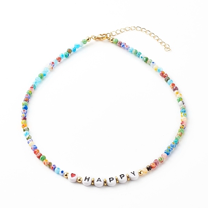 Beaded Necklaces, with Acrylic Beads, Brass Beads, Glass Beads, 304 Stainless Steel Findings & Brass Chain, Word Happy