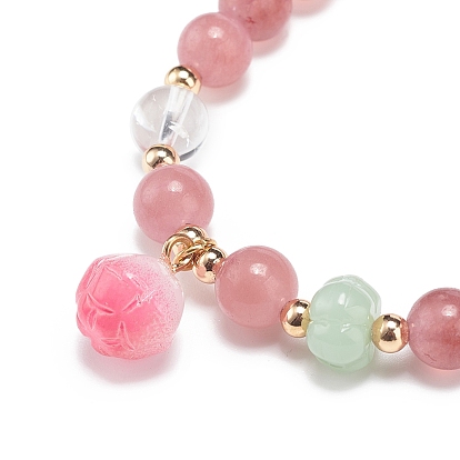 Natural Strawberry Quartz & Quartz Crystal Round Beaded Stretch Bracelet, Gemstone Bracelet with Glass Flower Charms for Women