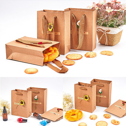 Kraft Paper Gift Shopping Bags, with Handle, Rectangle with Flower and Word