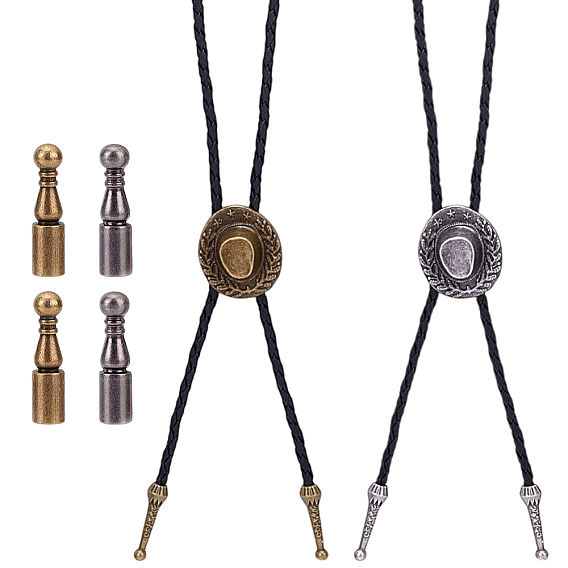 4 Концы шнура из сплава шт., концевые заглушки Bolo, с 2шт. регулируемой подвеской в виде ковбойской шляпы из цинкового сплава на шнуре из искусственной кожи
