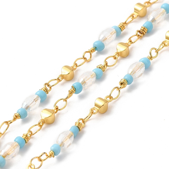 Handmade Oval Glass Beaded Chains, Real 18K Gold Plated Brass Link Chains, Soldered, with Spool, Cadmium Free & Lead Free