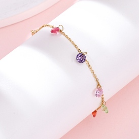 304 из нержавеющей стали шарм браслеты, браслеты-цепочки для женщин, плоско-круглые, с кубического циркония