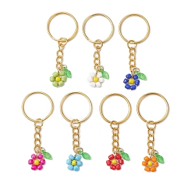 Transparent Acrylic Leaf Charms Keychains, with Glass Seed Beads and Iron Split Key Rings, Flower