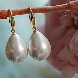 Vintage Teardrop Stainless Steel Dangle Earrings, with Large White Pearl Studs