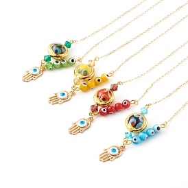 Alloy Enamel Hamsa Hand with Evil Eye Pendant Necklaces, with Lampwork Beads and Brass Cable Chains, Golden