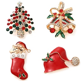 Christmas Theme Enamel Pins, Golden Alloy Rhinestone Brooches for Backpack Clothes