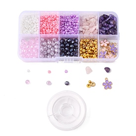 Kit de fabrication de bracelet de pierres précieuses bricolage, inclure des perles de verre et des perles de rocaille, perles naturelles de quartz rose et d'améthyste, émail d'alliage charmes de fleurs