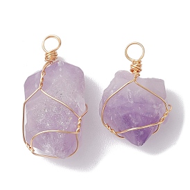 Raw Rough Natural Amethyst Copper Wire Wrapped Pendants, Nuggets Charms, Golden