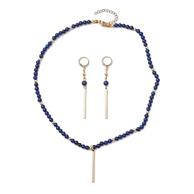 Natural Lapis Lazuli Beads Necklaces & Leverback Earrings Sets, Brass Rectangle Charms Jewelry Sets for Women