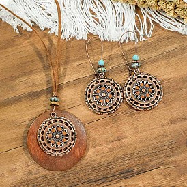 Комплекты из ожерелий и серег-подвесок из богемского сплава и дерева, плоские круглые с цветком