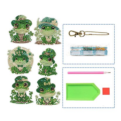 6Pcs Frog DIY Diamond Painting Keychain Kit, Including Resin Rhinestones Bag, Diamond Sticky Pen, Tray Plate and Glue Clay