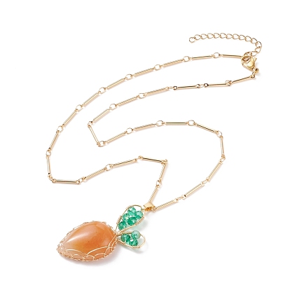 Natural Aventurine Braided Carrot Pendant Necklace, Brass Wire Wrap Jewelry for Women