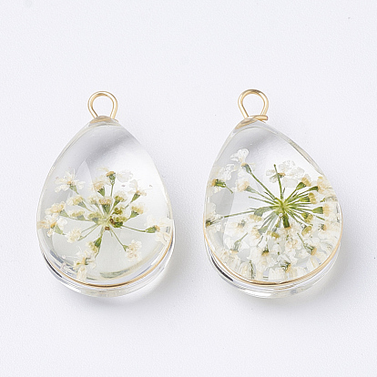 Стеклянные подвески, с высушенными цветами внутри и латуни, капля, золотые