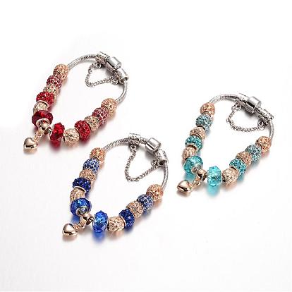Alloy Rhinestone Bead European Bracelets, with Glass Beads and Brass Chain, 190mm