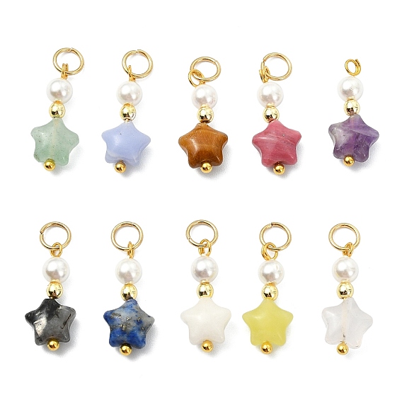Natural & Synthetic Mixed Gemstone Pendants, Star Charms with Shell Pearl Beads, Golden, Mixed Dyed and Undyed